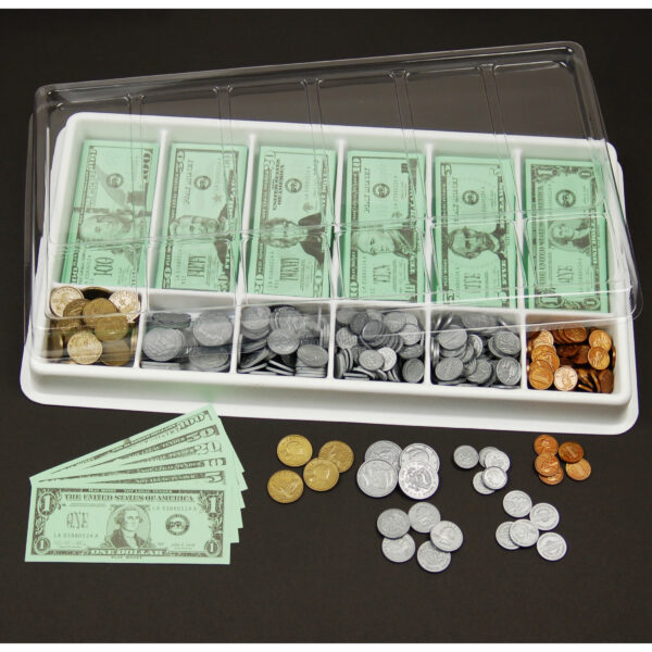 Classroom Money Kit - Set of 1,000 Bills & Coins - Storage Tray and Lid