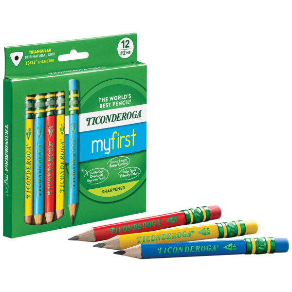 My First Short Wooden Pencils, Large Triangle Barrel, Sharpened, #2 HB Soft, With Eraser, Primary Colors, 12 Per Pack, 2 Packs