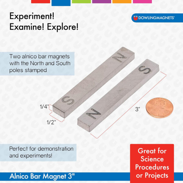 Alnico Bar Magnets, 3", N-S Stamped, Pack of 2