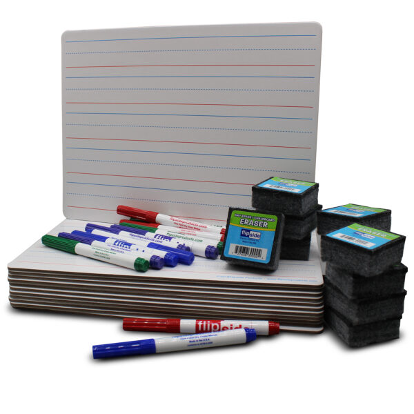 Magnetic Two-Sided Dry Erase Boards, Red & Blue Ruled-Plain, 9" x 12", with Erasers & Colored Pens, Class Pack of 12