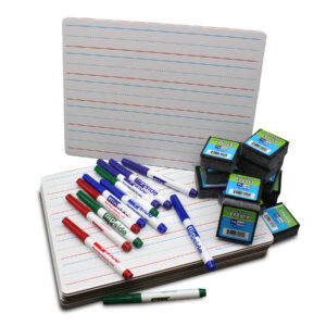 Two-Sided Dry Erase Boards, Red & Blue Ruled-Plain, 9" x 12", with Colored Pens & Student Erasers, Class Pack 12