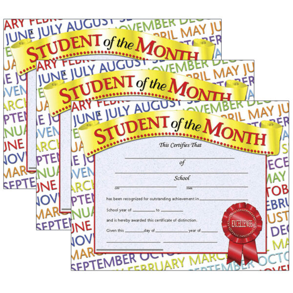 Student of the Month Certificate, 8.5" x 11", 30 Per Pack, 3 Packs