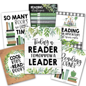 Farmhouse Greenery Reading Posters For Classroom Library Decor, Set of 6