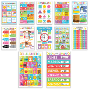 Colorful Spanish Preschool Educational Laminated Posters, Set of 12