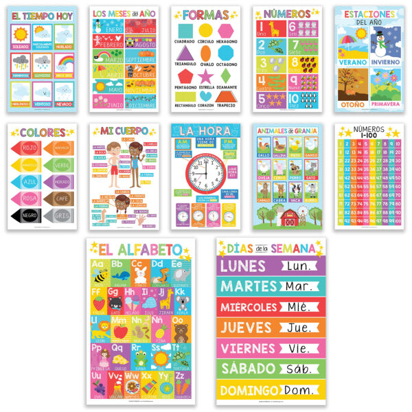 Colorful Spanish Preschool Educational Laminated Posters, Set of 12