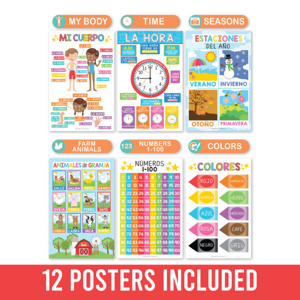 Colorful Spanish Preschool Educational Laminated Posters, Set of 12