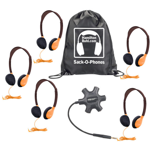 Galaxy Econo-Line of Sack-O-Phones with 5 Orange Personal-Sized Headphones, Starfish Jackbox and Carry Bag