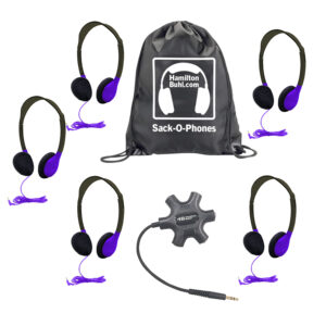 Galaxy Econo-Line of Sack-O-Phones with 5 Purple Personal-Sized Headphones, Starfish Jackbox and Carry Bag