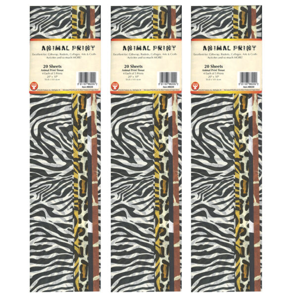 Tissue Paper, Animal Print Assortment, 20" x 30", 20 Sheets Per Pack, 3 Packs