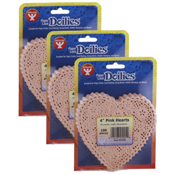 Heart Doilies, Pink, 4", 100 Per Pack, 3 Packs