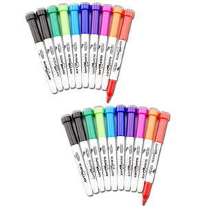 Dry Erase Student Markers with Erasers, Fine Point, Assorted Colors, 10 Per Pack, 2 Packs