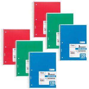 Spiral 3 Subject Notebook, Wide Ruled, 180 Sheets Per Book, Pack of 6