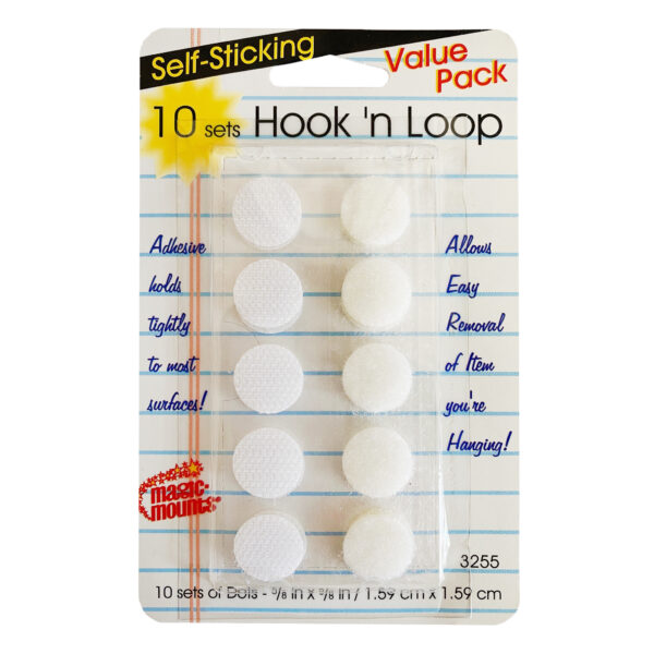 Self-Sticking Hook 'N Loop Dots 5-8", White, 10 Sets Per Pack, 12 Packs