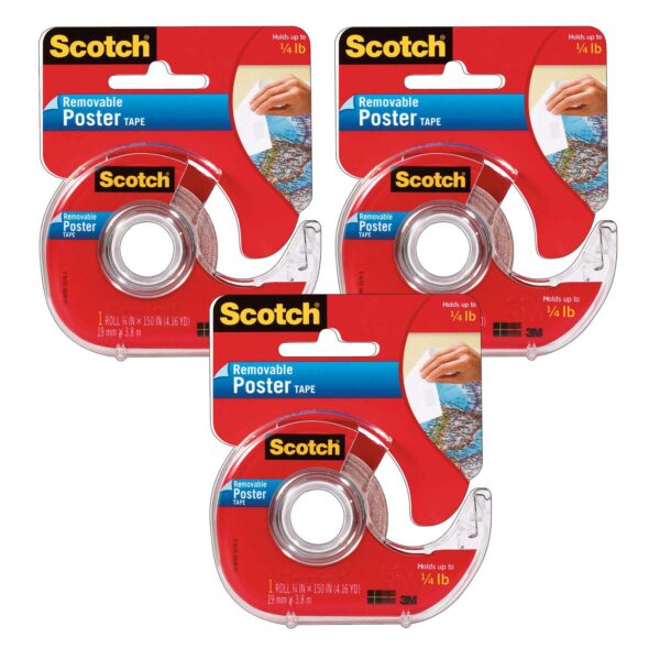 Removable Poster Tape with Dispenser, 3-4" x 150", Clear, Pack of 3