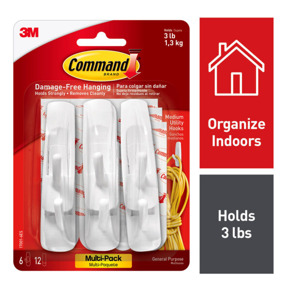 Command Medium Utility Hooks Multi-Pack, 6 Per Pack, 3 Packs