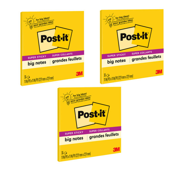 Super Sticky Big Note, 11 in. x 11 in., Yellow, 30 Sheets-Pad, Pack of 3