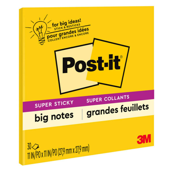 Super Sticky Big Note, 11 in. x 11 in., Yellow, 30 Sheets-Pad, Pack of 3