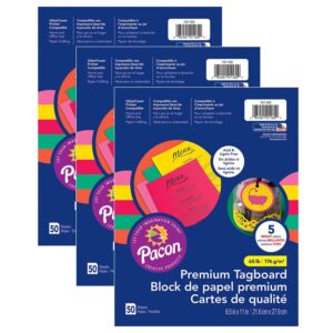 Premium Tagboard, 5 Assorted Bright Colors, 8-1-2" x 11", 50 Sheets Per Pack, 3 Packs