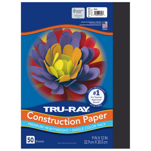 Construction Paper, Black, 9" x 12", 50 Sheets Per Pack, 5 Packs