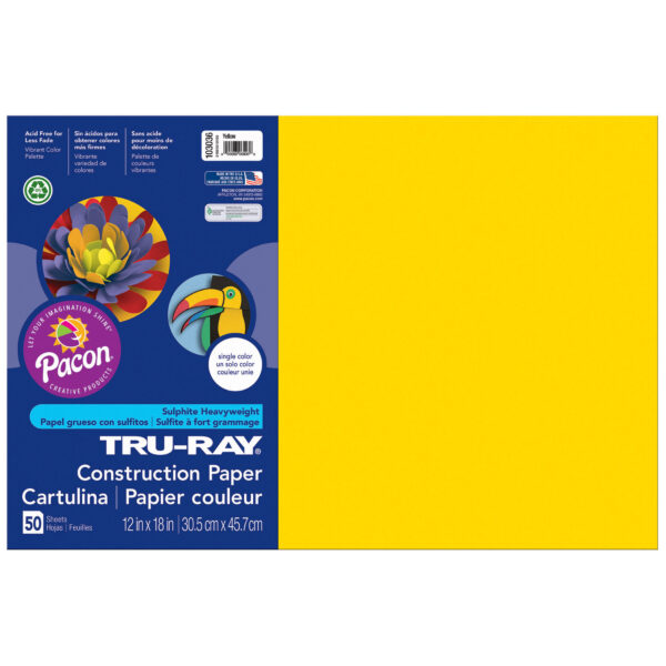 Construction Paper, Yellow, 12" x 18", 50 Sheets Per Pack, 5 Packs