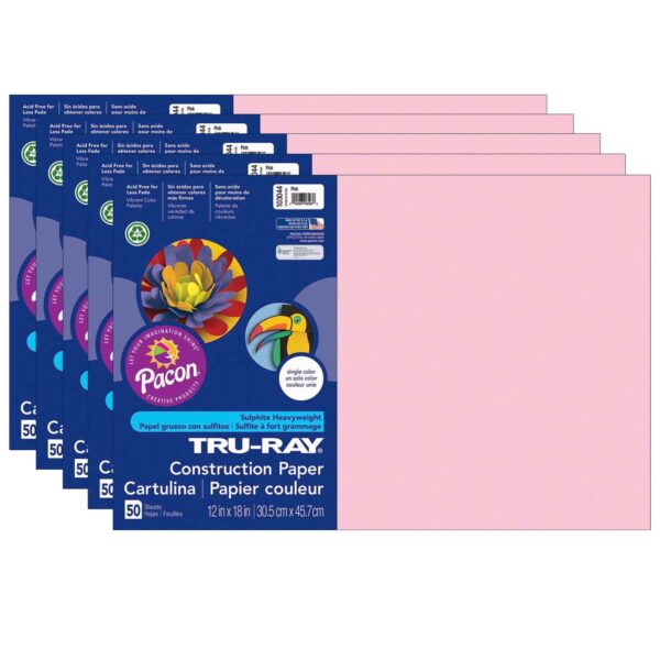 Construction Paper, Pink, 12" x 18", 50 Sheets Per Pack, 5 Packs