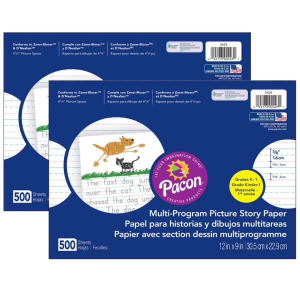 Multi-Program Picture Story Paper, 5-8" Ruled, White, 12" x 9", 500 Sheets Per Pack, 2 Packs