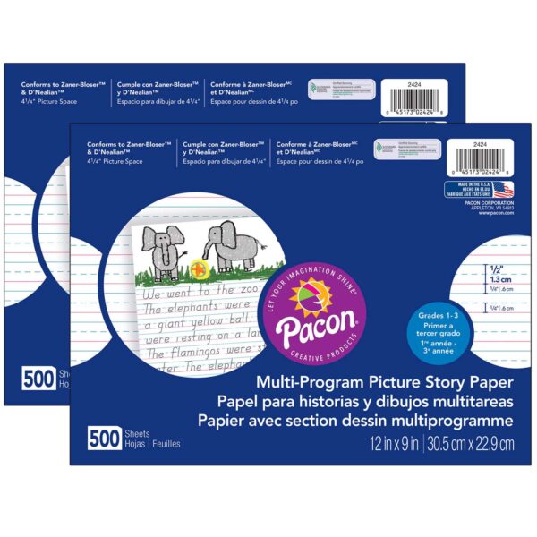 Multi-Program Picture Story Paper, 1-2" Ruled, White, 12" x 9", 500 Sheets Per Pack, 2 Packs