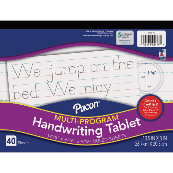 Multi-Program Handwriting Tablet, Zaner-Bloser, 1-1-8" x 9-16" x 9-16" Ruled Long, 10-1-2" x 8", 40 Sheets, Pack of 12