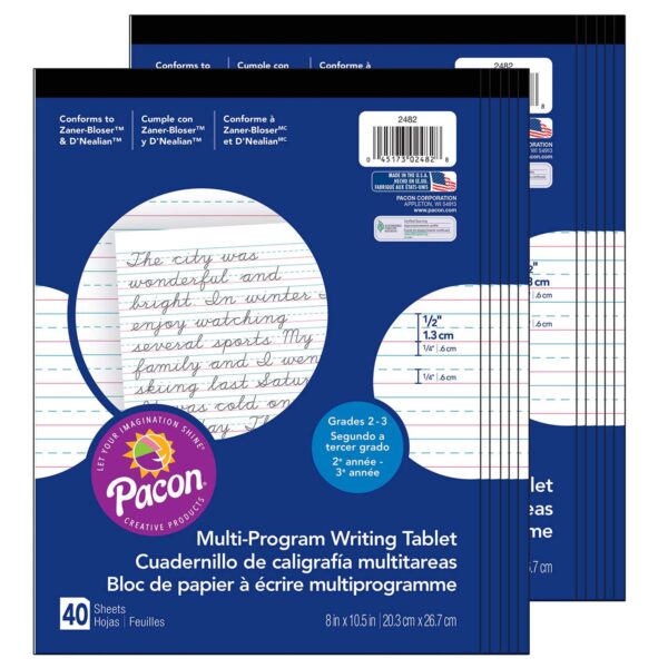 Multi-Program Handwriting Tablet, D'Nealian-Zaner-Bloser, 1-2" x 1-4" x 1-4" Ruled Short, 8" x 10-1-2", 40 Sheets, Pack of 12