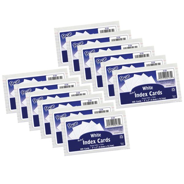 Index Cards, White, Ruled, 1-4" Ruled 3" x 5", 100 Per Pack, 12 Packs