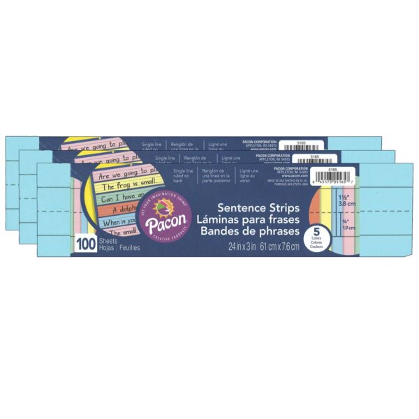 Sentence Strips, 5 Assorted Colors, 1-1-2" Ruled, 3" x 24", 100 Strips Per Pack, 3 Packs