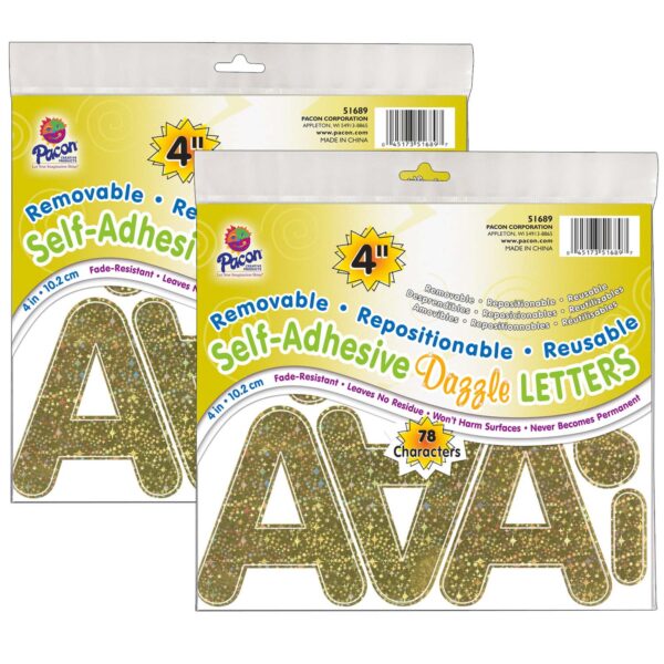 Self-Adhesive Letters, Gold Dazzle, Puffy Font, 4", 78 Per Pack, 2 Packs