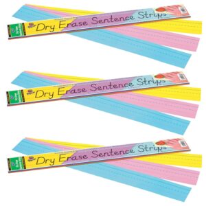 Dry Erase Sentence Strips, 3 Assorted Colors, 1-1-2" X 3-4" Ruled, 3" x 24", 30 Per Pack, 3 Packs