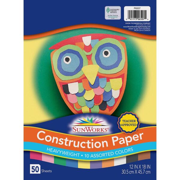 Construction Paper, 10 Assorted Colors, 12" x 18", 50 Sheets Per Pack, 5 Packs