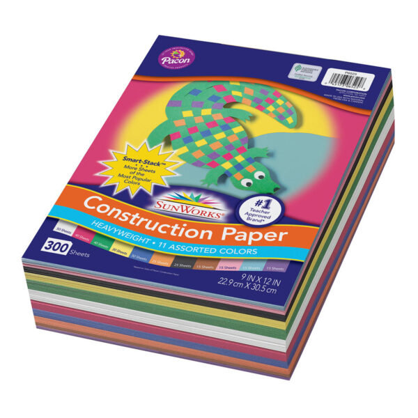 Construction Paper, 11 Assorted Colors, 9" x 12", 300 Sheets Per Pack, 2 Packs