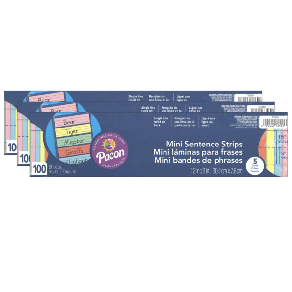 Mini Sentence Strips, 5 Assorted Colors, 1-1-2" x 3-4" Ruled, 3" x 12", 100 Per Pack, 3 Packs