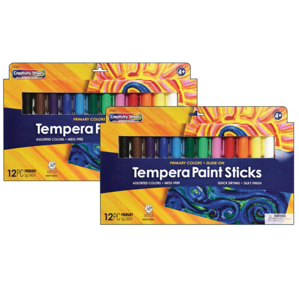 Glide-On Tempera Paint Sticks, 12 Assorted Primary Colors, 5 grams, 12 Per Pack, 2 Packs