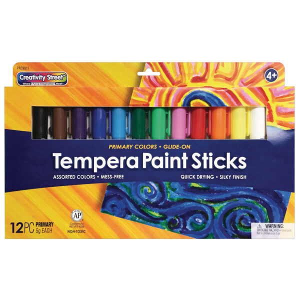 Glide-On Tempera Paint Sticks, 12 Assorted Primary Colors, 5 grams, 12 Per Pack, 2 Packs