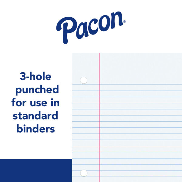 Filler Paper, White, 3-Hole Punched, Red Margin, 3-8" Ruled, 8" x 10.5", 200 Sheets Per Pack, 3 Packs