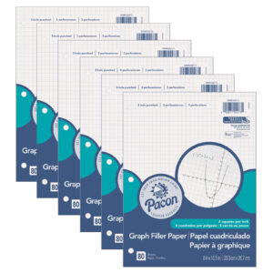 Graphing Paper, White, 3-Hole Punched, 1-4" Quadrille Ruled, 8" x 10-1-2", 80 Sheets Per Pack, 6 Packs