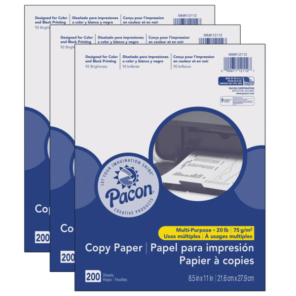 Multi-Purpose Paper, White, 20 lb., 8-1-2" x 11", 200 Sheets Per Pack, 3 Packs