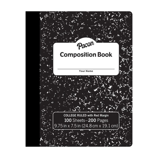 Composition Book, Black Marble, 9-32" Ruled w- Margin, 9-3-4" x 7-1-2", 100 Sheets, Pack of 6