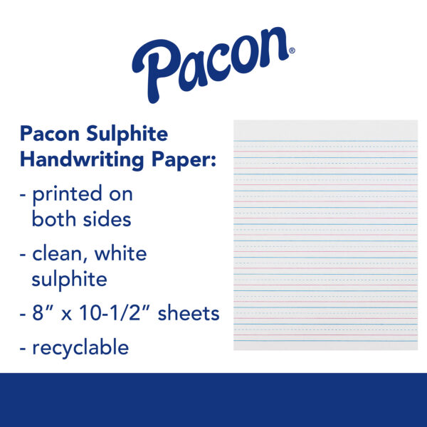 Sulphite Handwriting Paper, Dotted Midline, Grade 2, 1-2" x 1-4" x 1-4" Ruled Short, 8" x 10-1-2", 500 Sheets Per Pack, 2 Packs