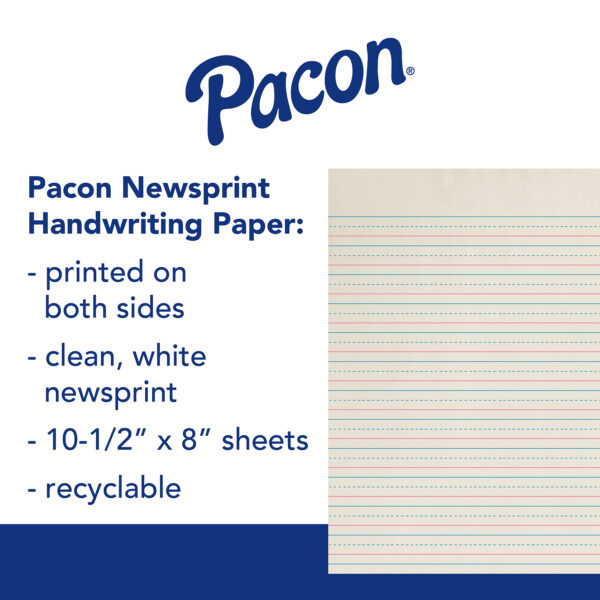 Newsprint Handwriting Paper, Dotted Midline, Grade 1, 5-8" x 5-16" x 5-16" Ruled Long, 10-1-2" x 8", 500 Sheets Per Pack, 3 Packs