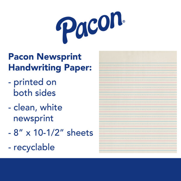 Newsprint Handwriting Paper, Dotted Midline, Grade 2, 1-2" x 1-4" x 1-4" Ruled Short, 8" x 10-1-2", 500 Sheets Per Pack, 3 Packs