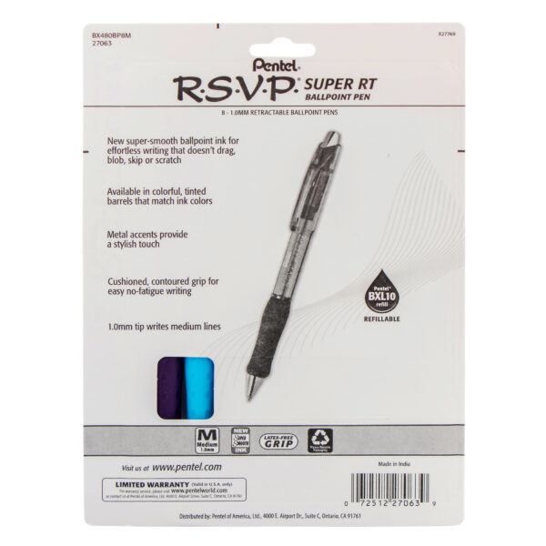 R.S.V.P. Super RT Retractable Ballpoint Pen, Assorted, Pack of 8