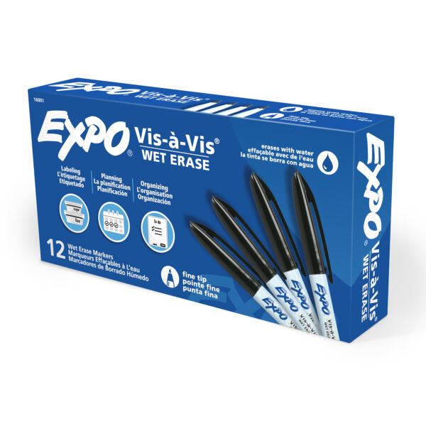 Vis-a-Vis Wet-Erase Overhead Transparency Markers, Fine Tip, Black, Box of 12