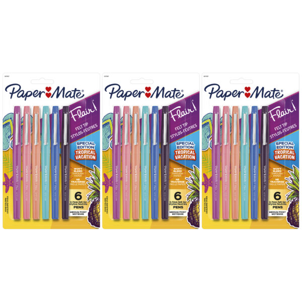 Flair Felt Tip Pens, Medium Point (0.7mm), Tropical Colors, 6 Per Pack, 3 Packs