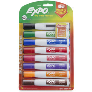 Magnetic Dry Erase Markers with Eraser, Chisel Tip, Assorted Colors, 8-Count