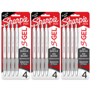 S-Gel, Gel Pens, Medium Point (0.7mm), Pearl White Body, Black Gel Ink Pens, 4 Per Pack, 3 Packs